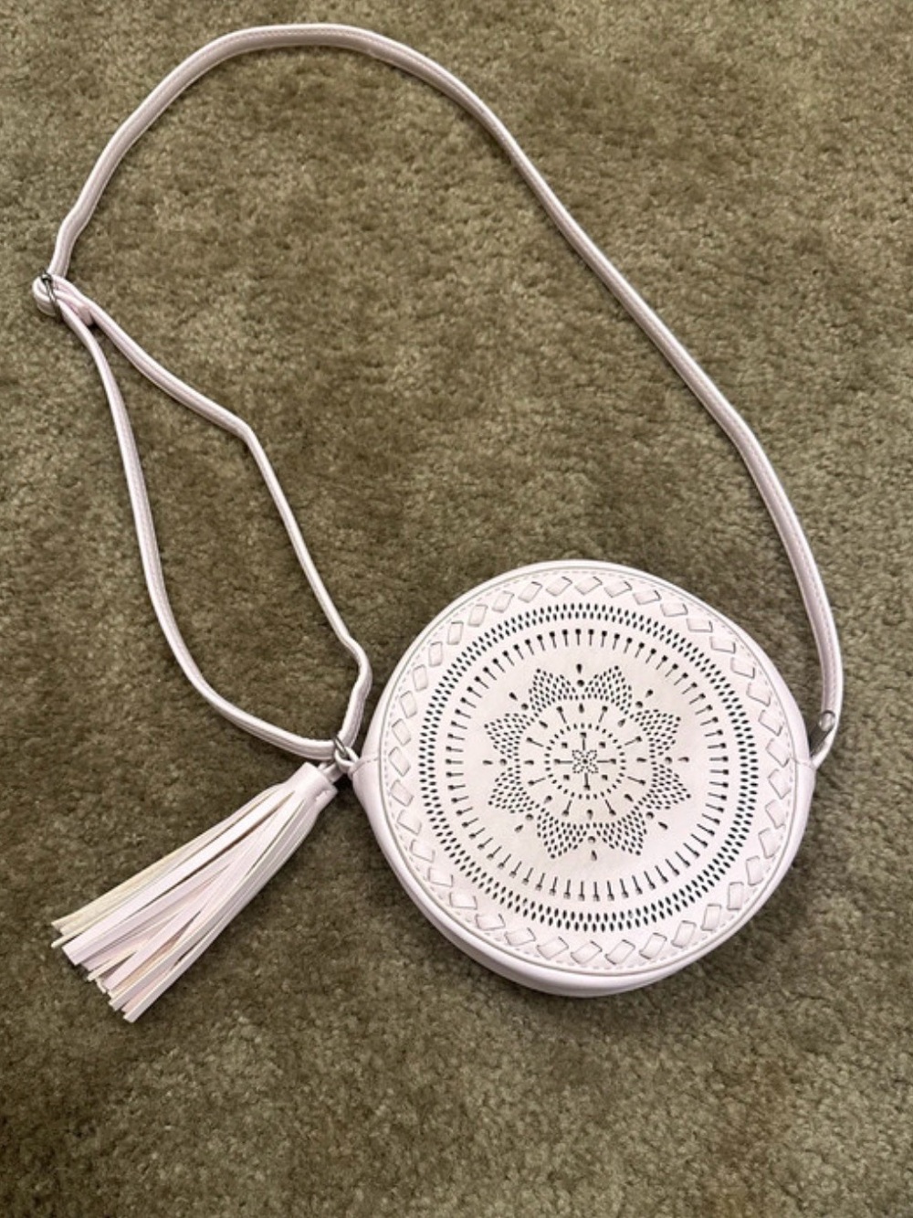 Round Laser-Cut Tassel Crossbody Bag - Light Pink